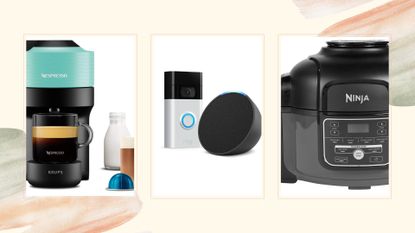 compilation image on a watercolour background with a mint green Nespresso coffee maker, Amazon dot device and a Ninja air fryer to show the best home appliance deals on Amazon