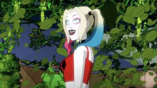 Harley Quinn surrounded by leaves in Harley Quinn