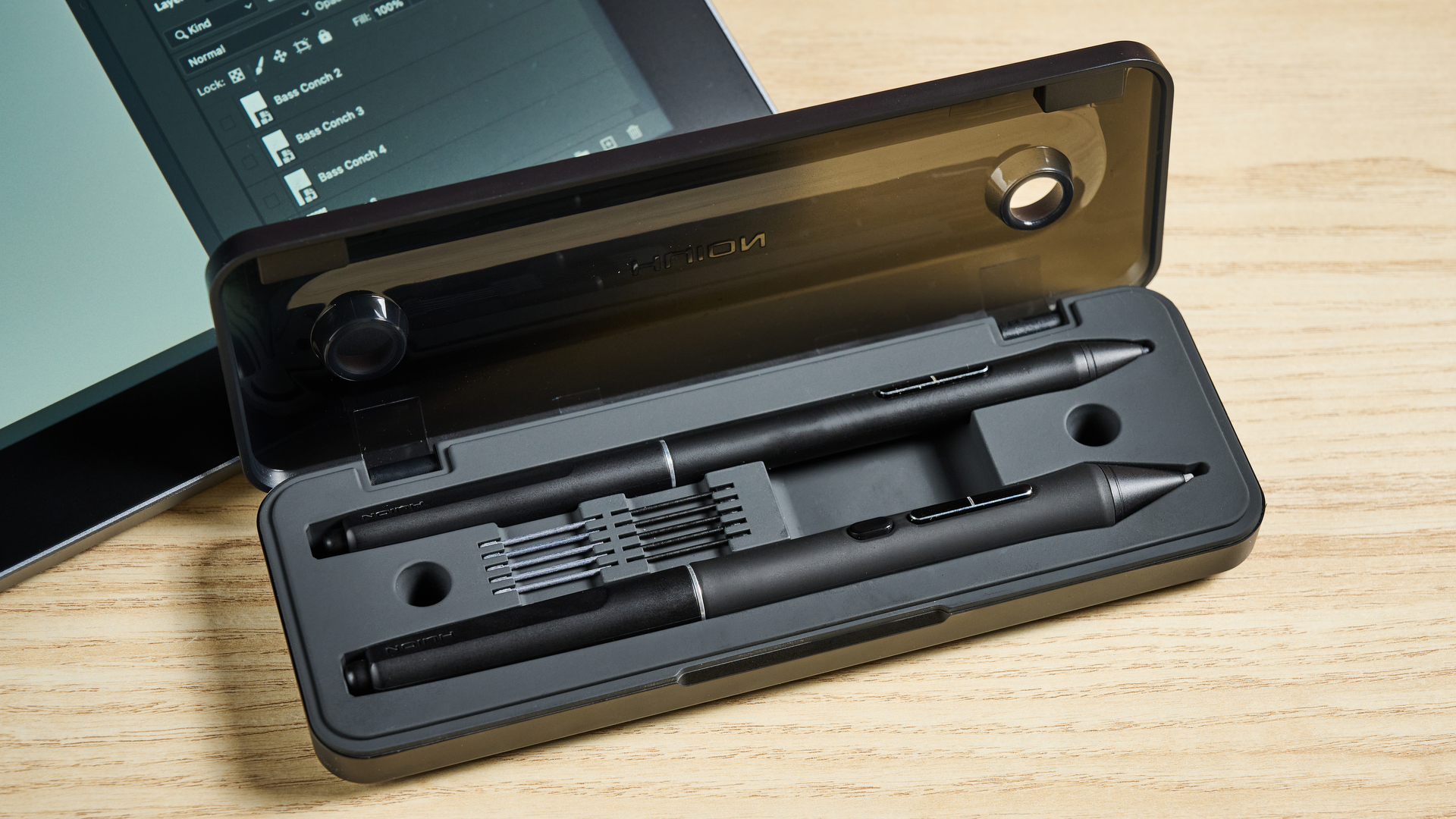The Huion Kamvas Pro 19's stylus case.