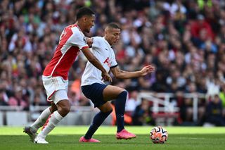 William Saliba and Richarlison during the Premier League match between Arsenal FC and Tottenham Hotspur at Emirates Stadium on September 24, 2023 in London, England. (Photo by Sebastian Frej/MB Media/Getty Images)