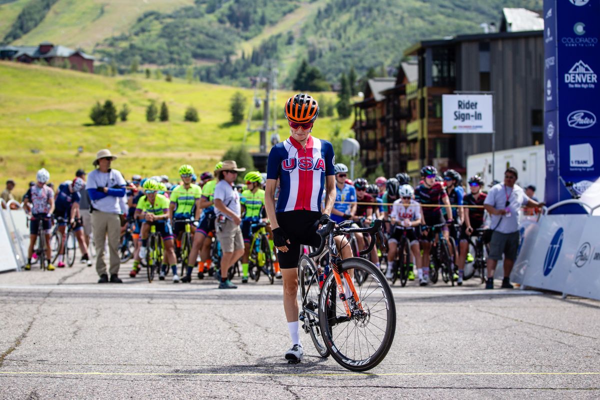Katie Hall (USA) is called to the start line for stage 1 of the Colorado Classic on August 22, 2019 in Steamboat Springs, Colorado.