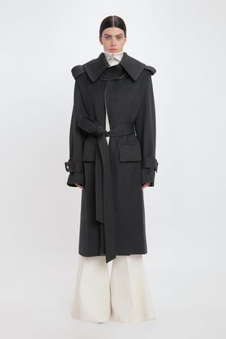 Belted Wool Trench Coat in Charcoal