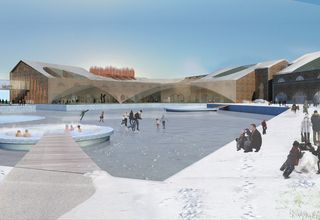 Image of people ice skating on river with building in the background