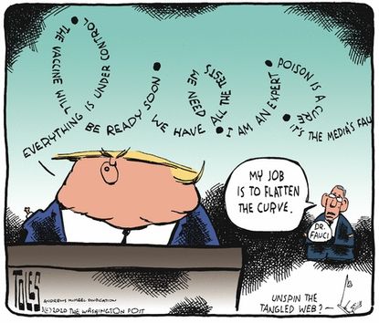 Political Cartoon U.S. Trump lies Fauci flattens curve press conference