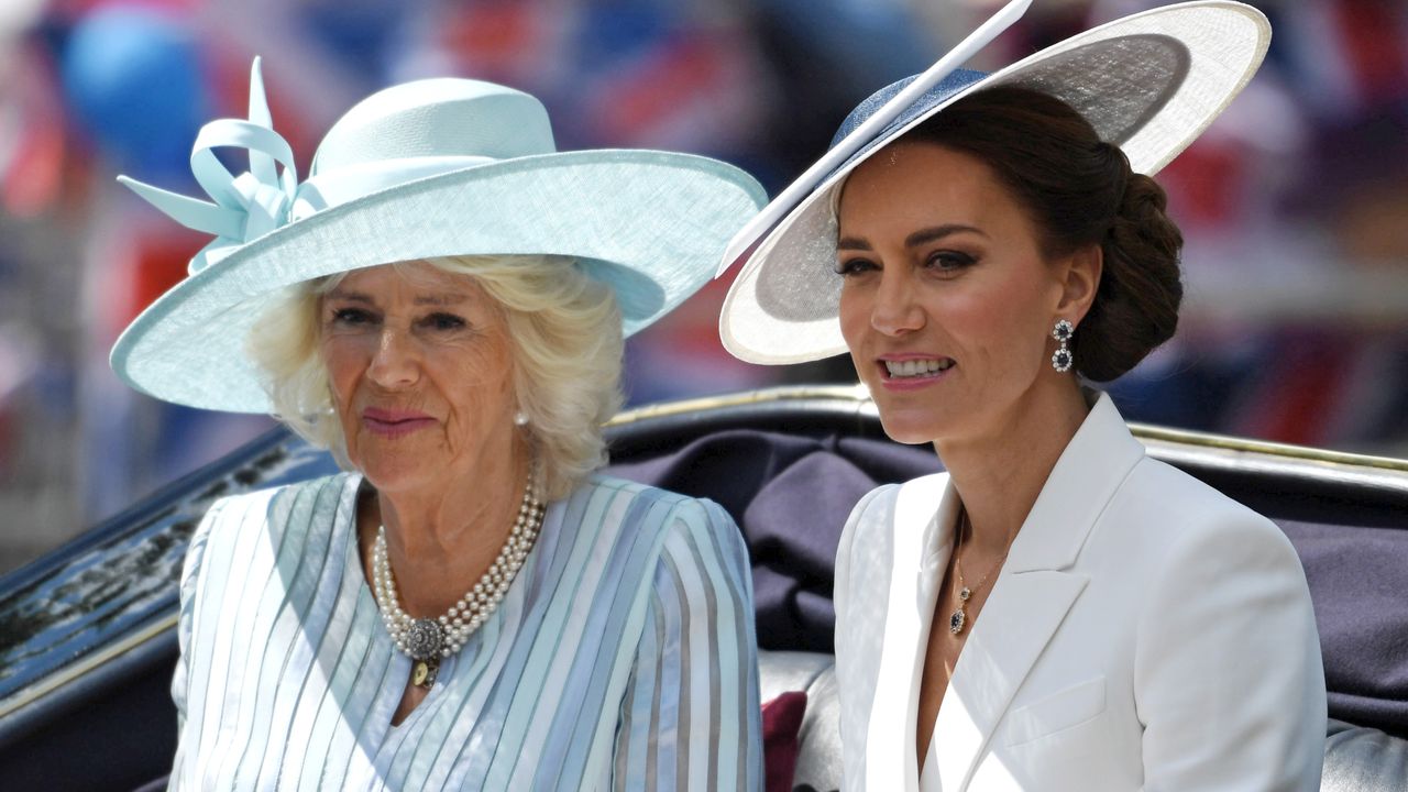 Kate Middleton and Queen Camilla during the Trooping the Colour parade on June 02, 2022 in London, England