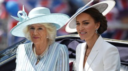 Kate Middleton and Queen Camilla during the Trooping the Colour parade on June 02, 2022 in London, England