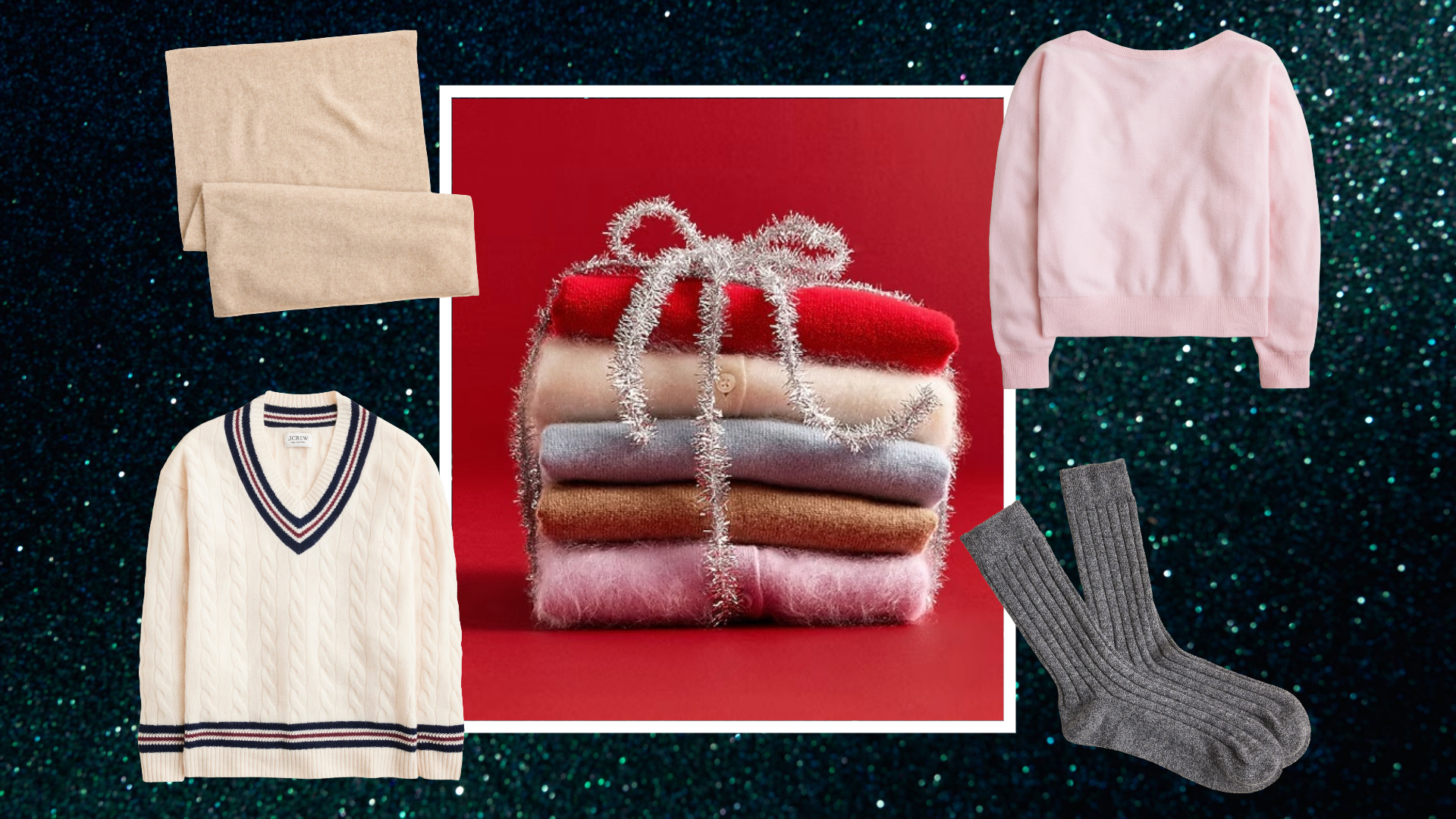 Collage of j.crew cashmere sweaters and accessories with stacked j.crew sweaters wrapped in silver tinsel on red background with white border overlaid dark green sparkling background