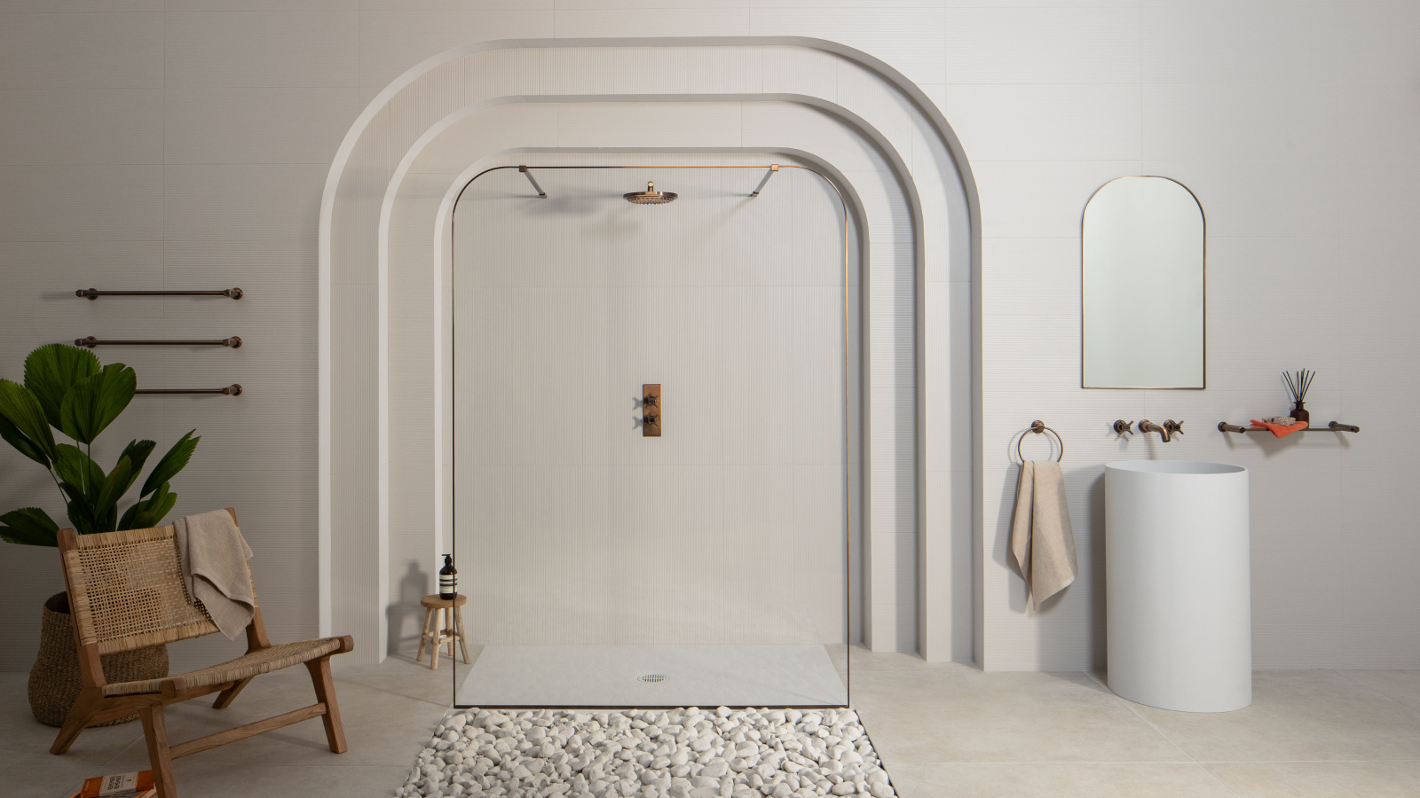 large bathroom with wet room style shower 