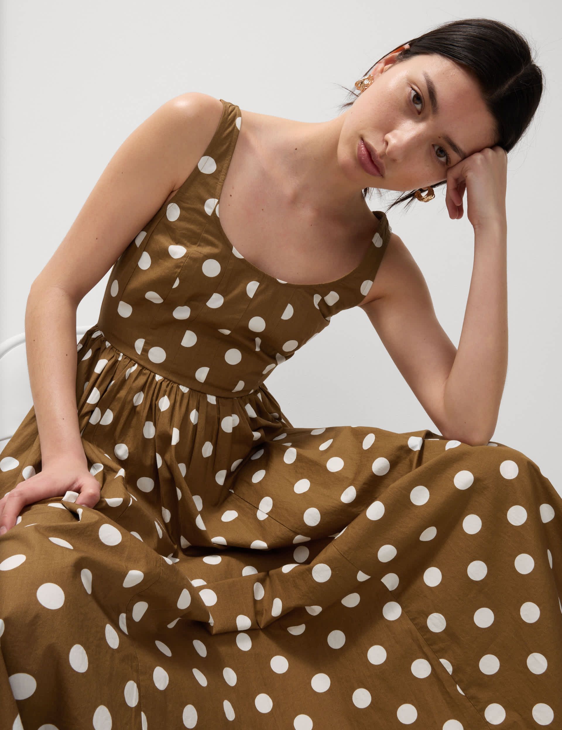 Pure Cotton Polka Dot Scoop Neck Midi Waisted Dress
