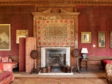 Fig 2: The silk-hung drawing room, with its fireplace of about 1750, was partly created out of the volume of the 1548 great chamber. West Horsley Place in Surrey, property of the West Horsley Place Trust. Phto by Paul Highnam for Country Life. ©Country Life