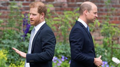 Britain's Prince Harry, Duke of Sussex (L) and Britain's Prince William, Duke of Cambridge attend the unveiling of a statue of their mother, Princess Diana at The Sunken Garden in Kensington Palace, London on July 1, 2021