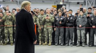 President Trump speaks to U.S. airmen at Ramstein Air Base, Germany.