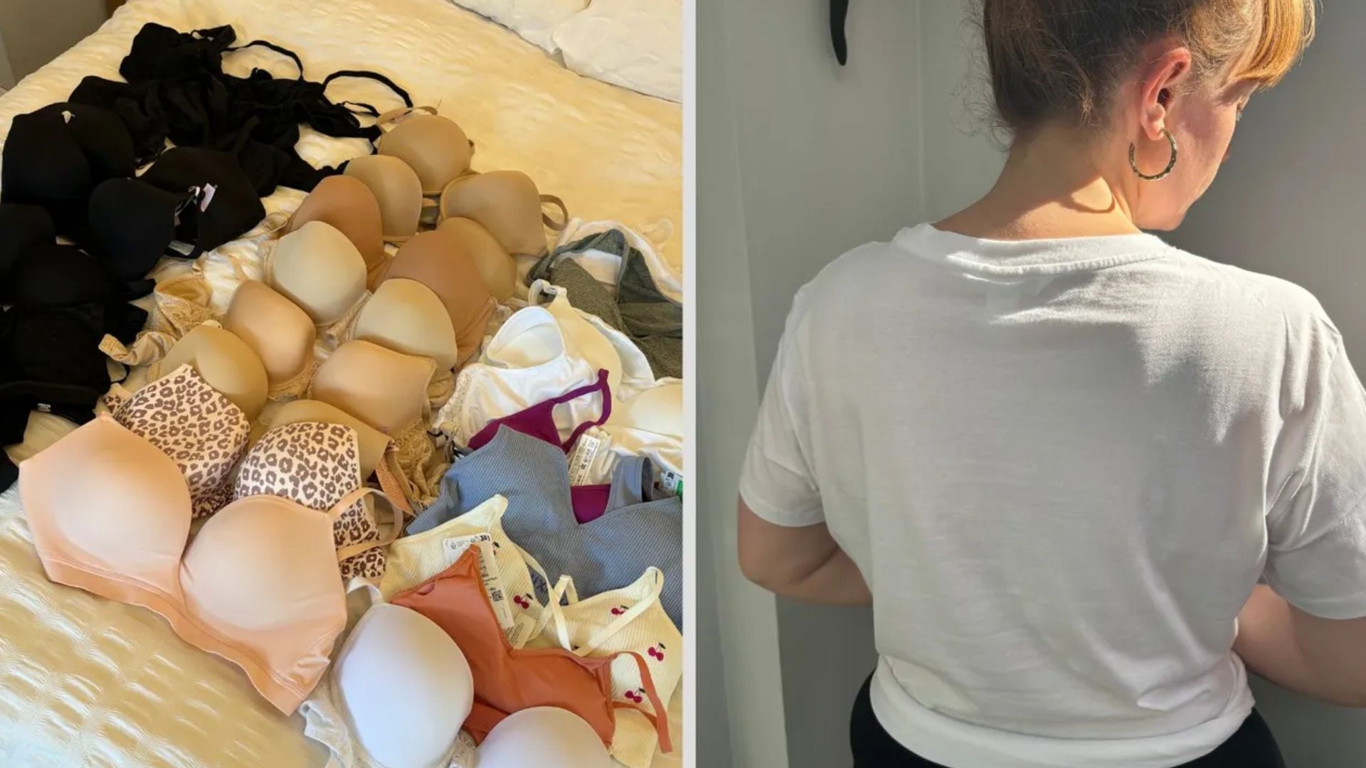 Two images of Matilda Stanley testing the best bras for back fat