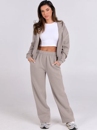 ANRABESS, Anrabess Damen-Outfits, 2-teilige Trainingsanzüge, mit Reißverschluss, Crop-Hoodies, Jogginghosen, Lounge, passende Sweat-Sets, 2024 Herbst, trendige Trainingsanzüge, Kaffeegrau, Medium