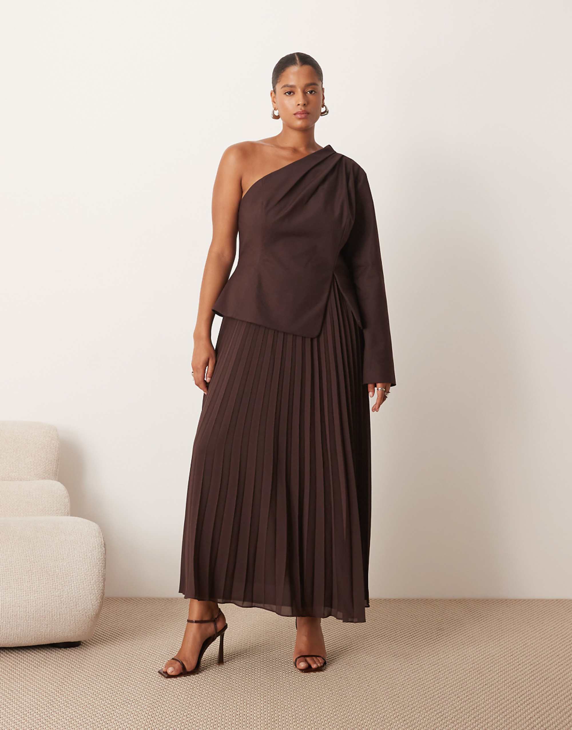 Arrange Curve Sculpted One Shoulder Maxi Dress With Micro Pleat Hem in Chocolate