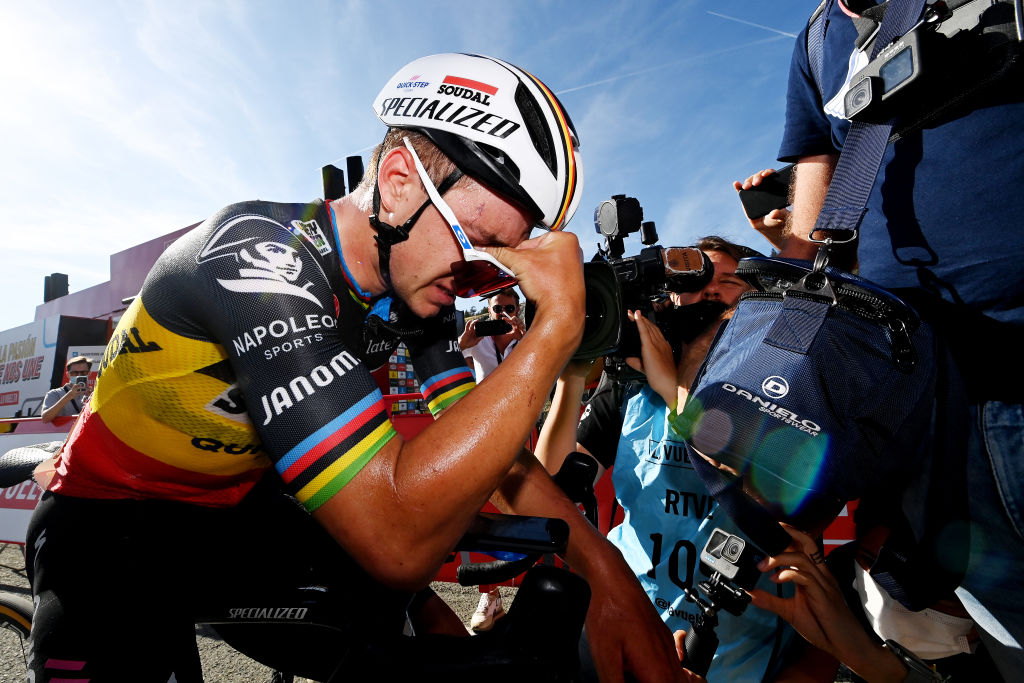 LARRABELAGUA SPAIN SEPTEMBER 09 Stage winner Remco Evenepoel of Belgium and Team Soudal Quick Step reacts after the 78th Tour of Spain 2023 Stage 14 a 1562km stage from SauveterredeBarn to LarraBelagua 1588m UCIWT on September 09 2023 in LarraBelagua Spain Photo by Tim de WaeleGetty Images