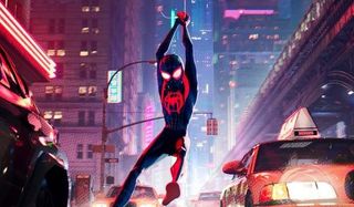 Spider-Man swinging through traffic in Into the Spider-Verse