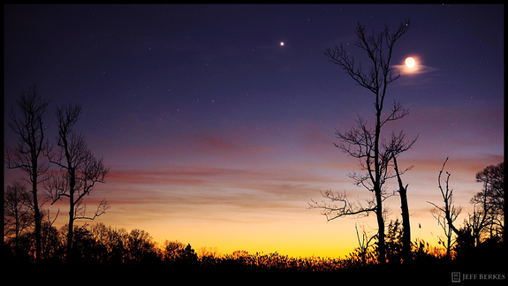 Astrophotographer Jeffrey Berkes of West Chester, Pa., snapped this stunning view of planet Venus and the crescent moon during a bright conjunction on Dec. 26, 2011.