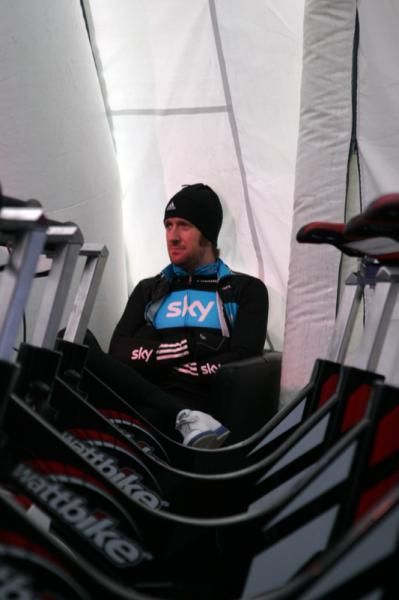 Brad Wiggins awaits his turn in the Wattbike challenge