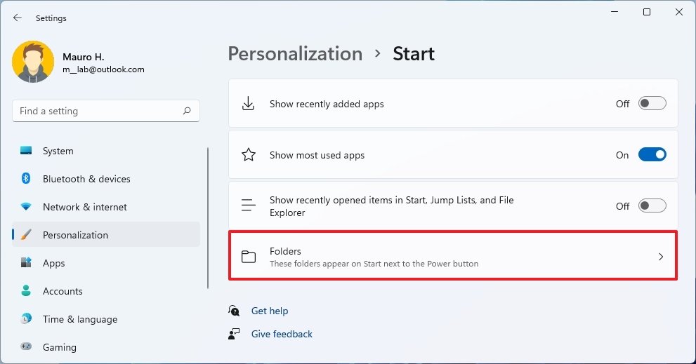 Open Start Folders settings