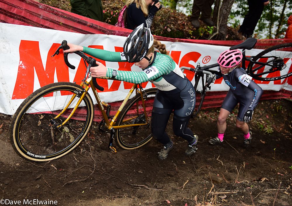 Libby White (House Industries) pushing her bike on the new run-up
