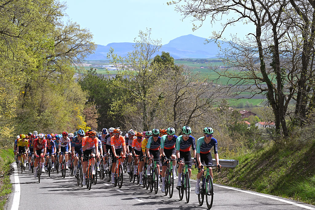 LEKUNBERRI, SPAIN - APRIL 07: A general view of the peloton climbing to the Etxauri (412m) during the 65th Itzulia Basque Country 2026, Stage 2 a 164.1km from Pamplona-Iruna to Lekunberri 757m / #UCIWT / on April 07, 2026 in Lekunberri, Spain. (Photo by Tim de Waele/Getty Images)