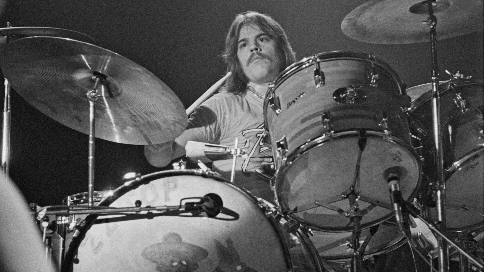Drummer Frank Beard from American rock group ZZ Top performs live on stage in Waterbury, Connecticut