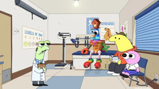 Silly Samuel is taken to see the doctor by Charlie and Pim in "Smiling Friends" season 3