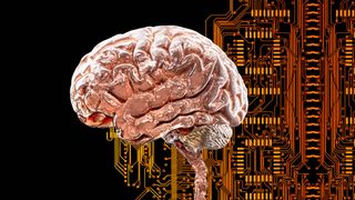 illustration of a brain in front of a orange, shiny circuit board design
