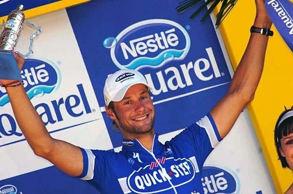 Boonen smiles on the podium.