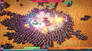 Enemy hordes close in on the player who fends them off frantically in the middle of the desert