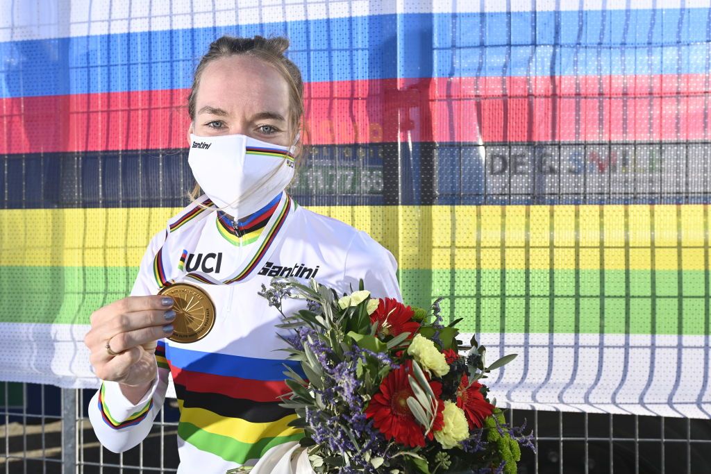 Anna van der Breggen (Netherlands) with her gold medal and rainbow jersey