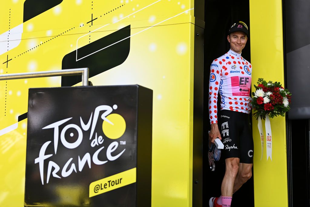 BORDEAUX FRANCE JULY 07 Neilson Powless of The United States and Team EF EducationEasyPost celebrates at podium as Polka dot Mountain Jersey winner during the stage seven of the 110th Tour de France 2023 a 1699km stage from Mont de Marsan to Bordeaux UCIWT on July 07 2023 in Bordeaux France Photo by Tim de WaeleGetty Images