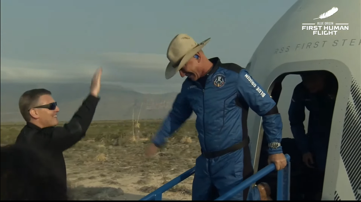 Jeff Bezos exiting the New Shepard capsule on July 20, 2021.