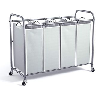 A metal framed rolling laundry hamper with four baskets hanging side by side. 