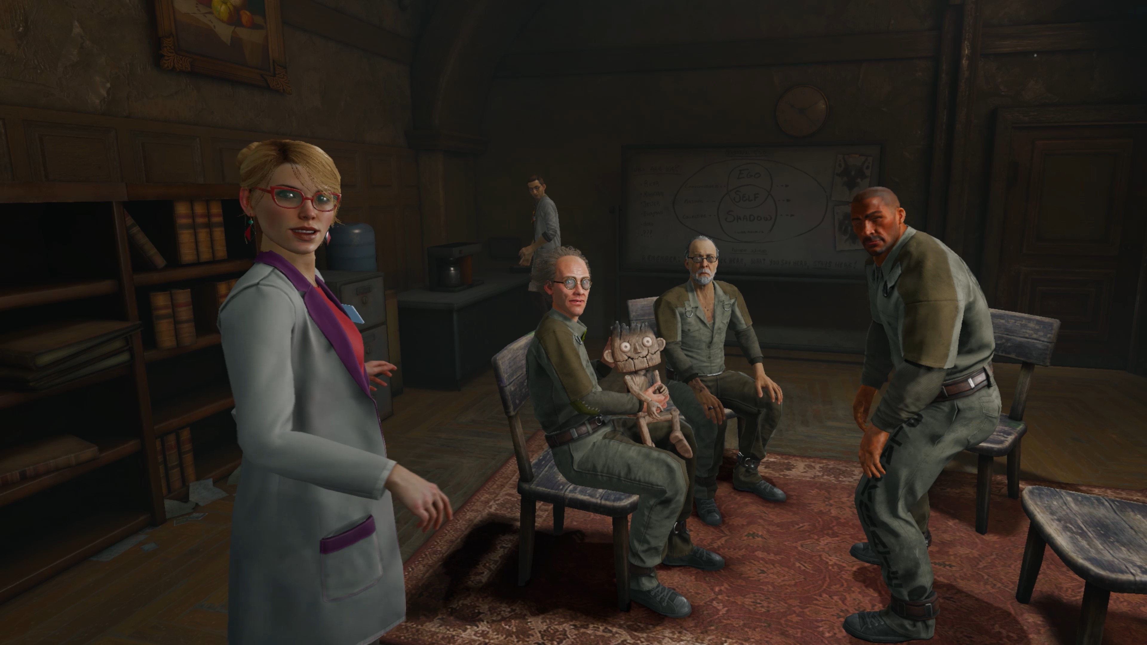 Screenshot from Batman: Arkham Shadow showing Harleen Quinzel and a group therapy session at Arkham.