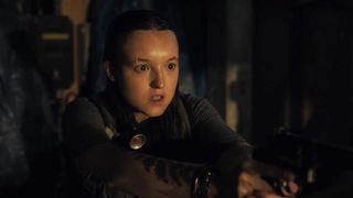 Ellie looking shocked as she holds a handgun in The Last of Us season 2 episode 7