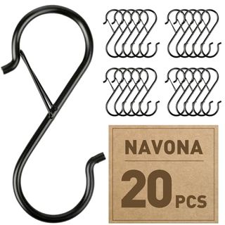 S shaped hanging hook with clip. one large next to a small cardboard box and four stacks of smaller hooks