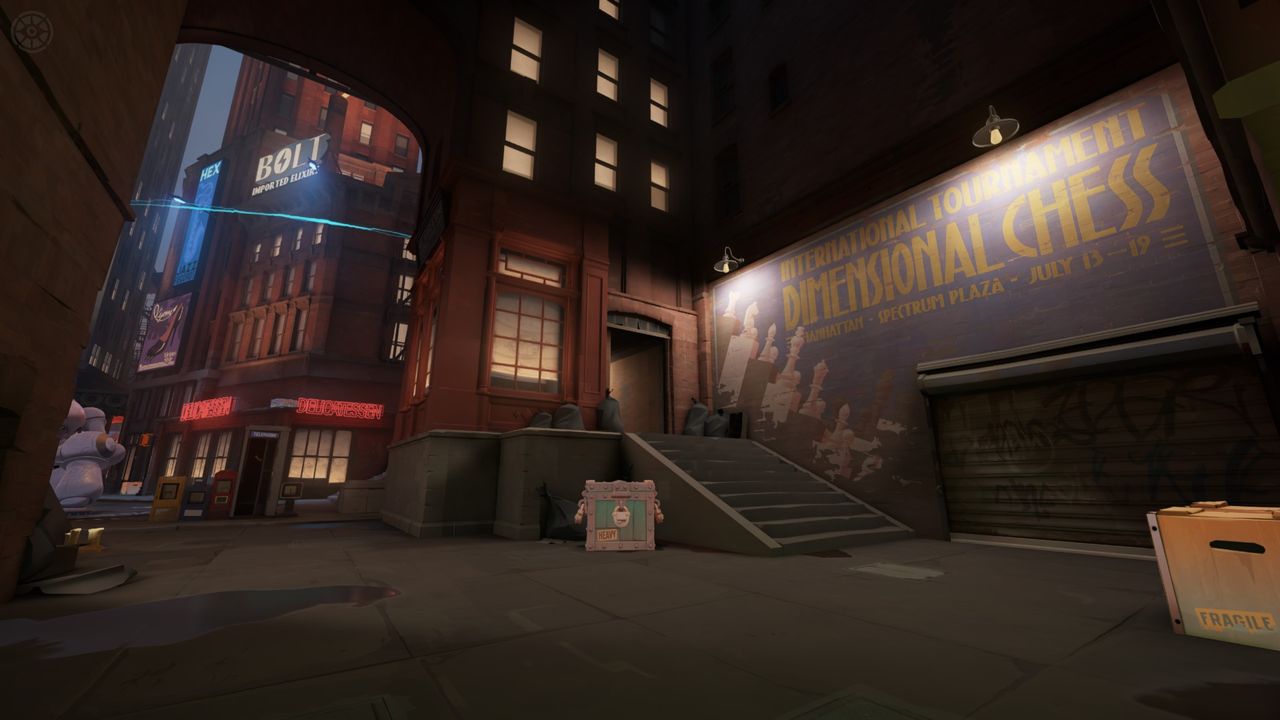 A back alley of Deadlock's New York, showing an advertisement for a dimensional chess tournament.