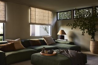 A cozy den with green sofa and sandy colored walls
