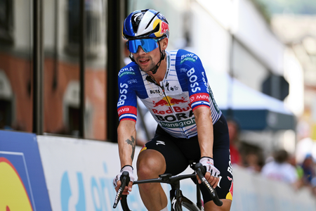 Primoz Roglic of Slovenia and Team Red Bull - BORA - hansgrohe crosses the finish line during stage 1 of the 89th Tour de Suisse 2026 (Photo by Tim de Waele/Getty Images)