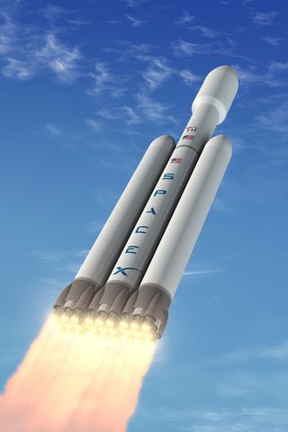 An illustration of a rocket with two side boosters flying through the blue
