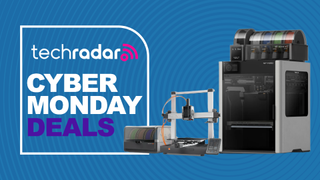 An Anycubic Kobra 3 and Bambu Lab H2D 3D printer on a blue background next to a TechRadar badge that reads 'Cyber Monday deals'