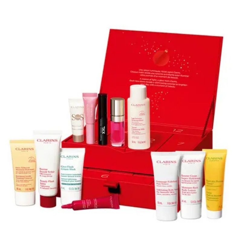 The Clarins 12-Day Advent Calendar from 2025 displayed as an open box with the 12 products pictured.