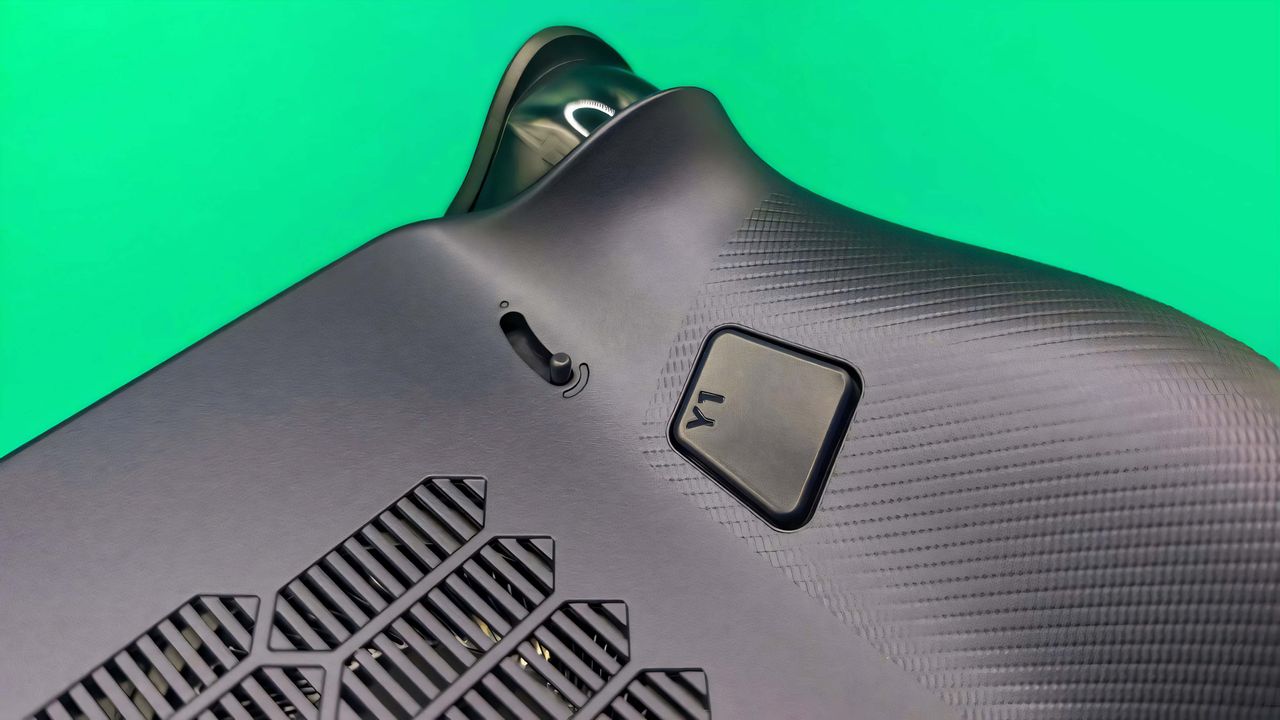 Closeup of the right trigger switch on the back of the Legion Go S (SteamOS)