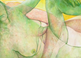 painting of female nude in greens and yellows, front view