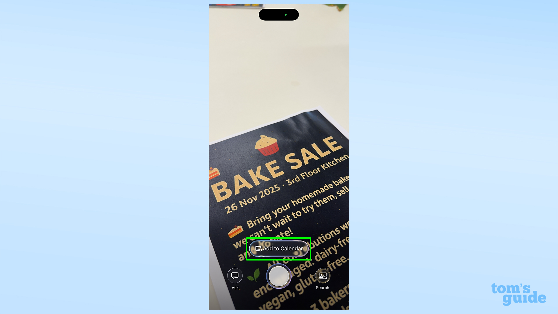 Apple Visual Intelligence looking at a flyer for a bake sale, with the Add to Calender button in the bottom center highlighted