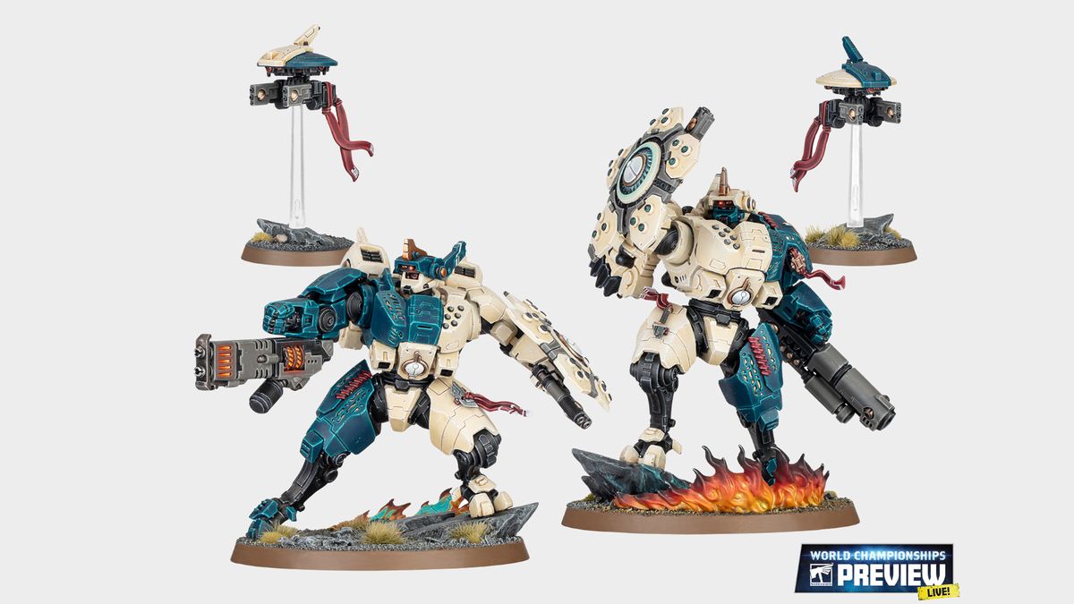 Two T'au battlesuit models and two drones, against a plain background