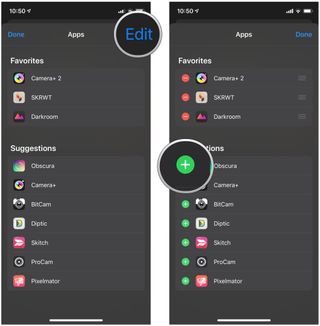 Access photo and video extensions in Photos app on iPhone and iPad by showing steps: Tap Edit, then tap the green plus button on the extensions you want to Favorite, red minus to remove, or drag the handles on the right to rearrange