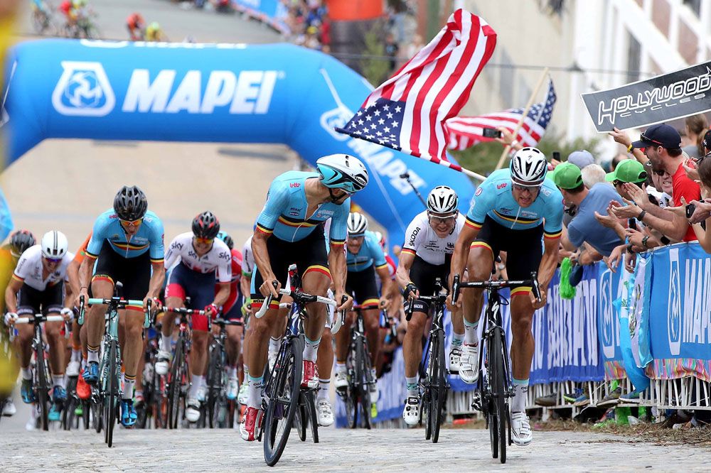 The Belgium team lead the chase to catch the final break